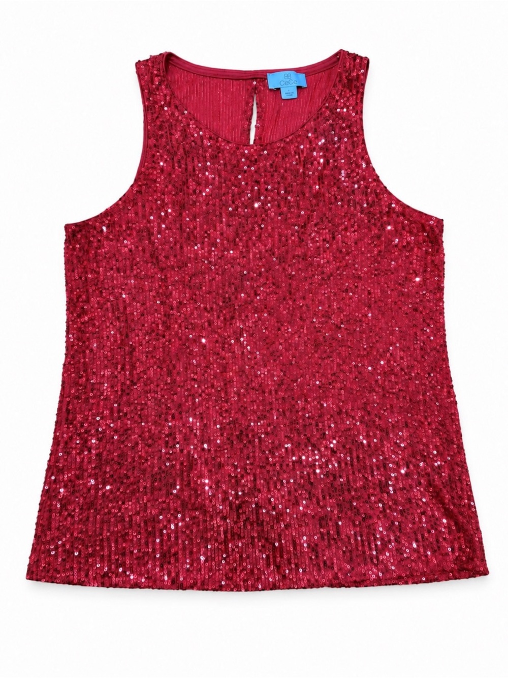 CeCe Red Sequin Sleeveless Party Top Keyhole Back Size L